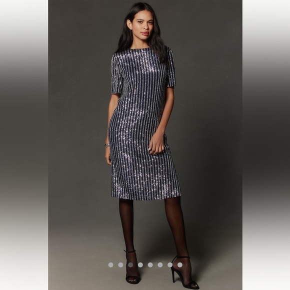 Anthropologie NWT Flat White Short-Sleeve Sequin Stripe Midi Dress size S. - Picture 2 of 16